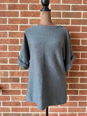 Eileen Fisher Knit Pullover Sweater Gray Merino Wool Short Sleeve, Size XS